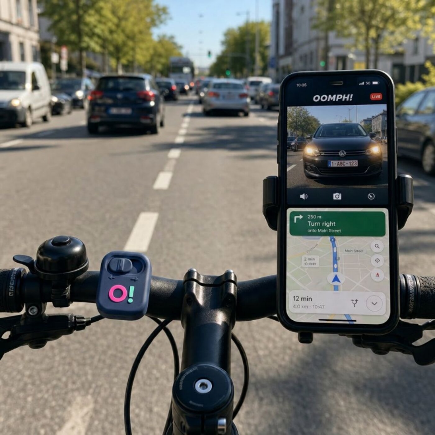 Appareil SEEGO! fixé sur une tige de selle avec feu arrière et clignotants