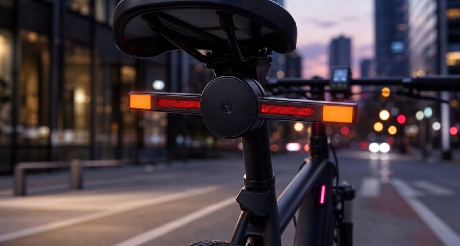 Unité SEEGO! avec clignotants allumés, montée sur la tige de selle d'un vélo au crépuscule